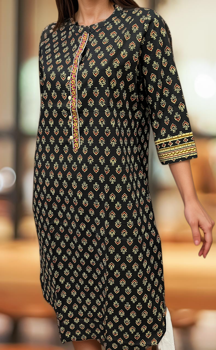 Black Tiny Flora Jaipuri Cotton Kurti. Pure Versatile Cotton. | Laces and Frills