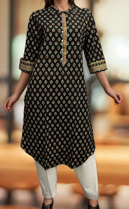 Black Tiny Flora Jaipuri Cotton Kurti. Pure Versatile Cotton. | Laces and Frills