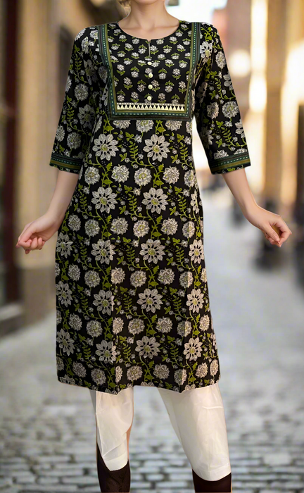 Black/Green Floral Jaipuri Cotton Kurti. Pure Versatile Cotton. | Laces and Frills