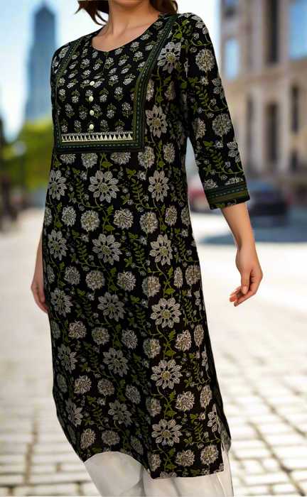 Black/Green Floral Jaipuri Cotton Kurti. Pure Versatile Cotton. | Laces and Frills