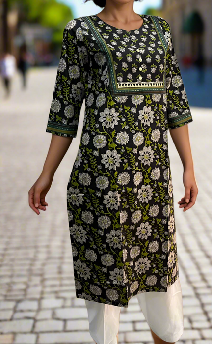 Black/Green Floral Jaipuri Cotton Kurti. Pure Versatile Cotton. | Laces and Frills