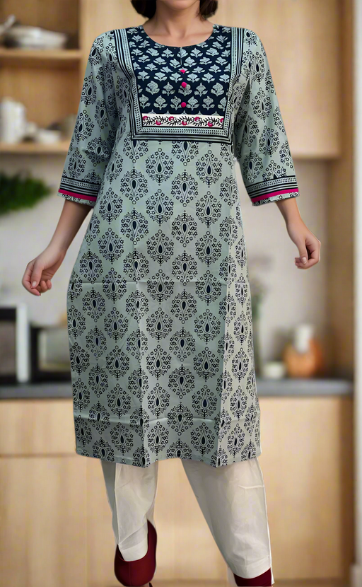 Light Blue/Navy Blue Floral Jaipuri Cotton Kurti. Pure Versatile Cotton. | Laces and Frills