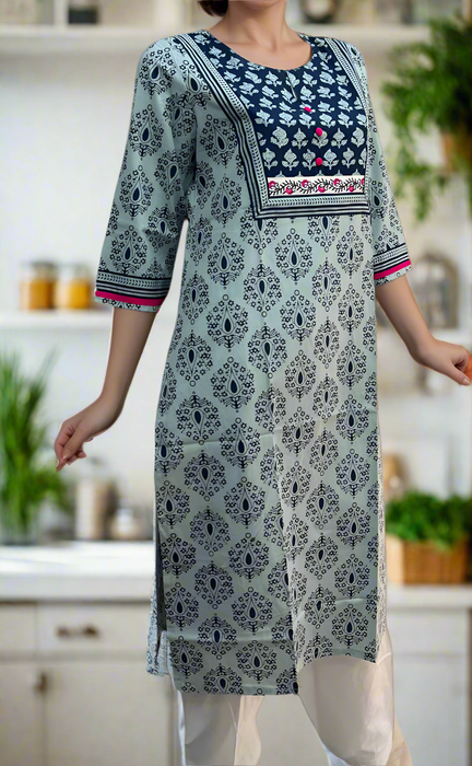 Light Blue/Navy Blue Floral Jaipuri Cotton Kurti. Pure Versatile Cotton. | Laces and Frills