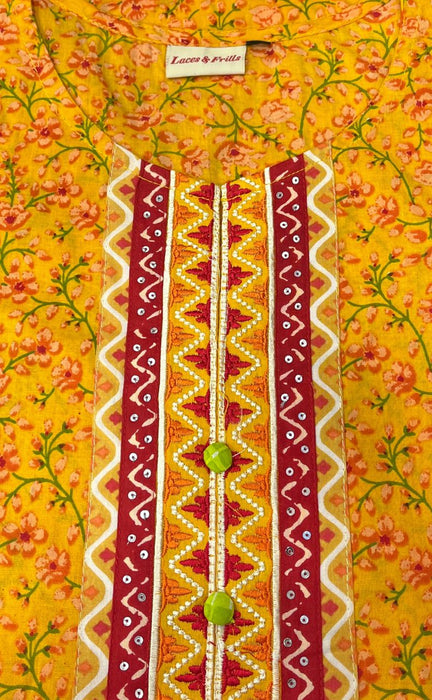 Yellow/Red Garden Jaipuri Cotton Kurti. Pure Versatile Cotton. | Laces and Frills - Laces and Frills