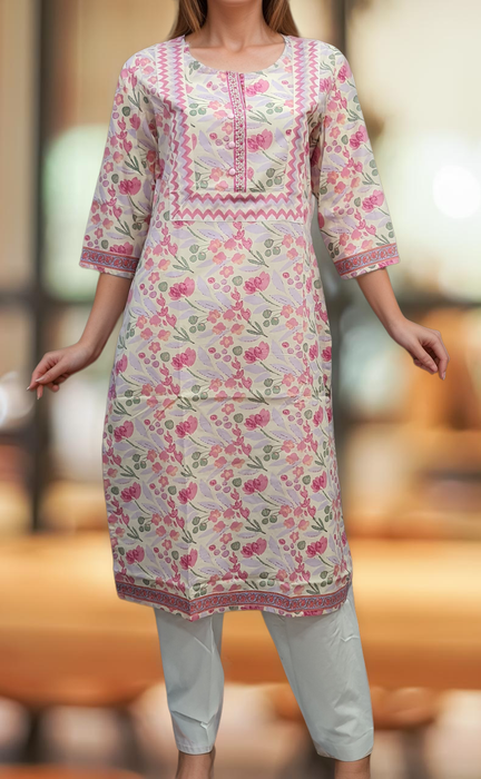 Off White/Pink Garden Jaipuri Cotton Kurti. Pure Versatile Cotton. | Laces and Frills