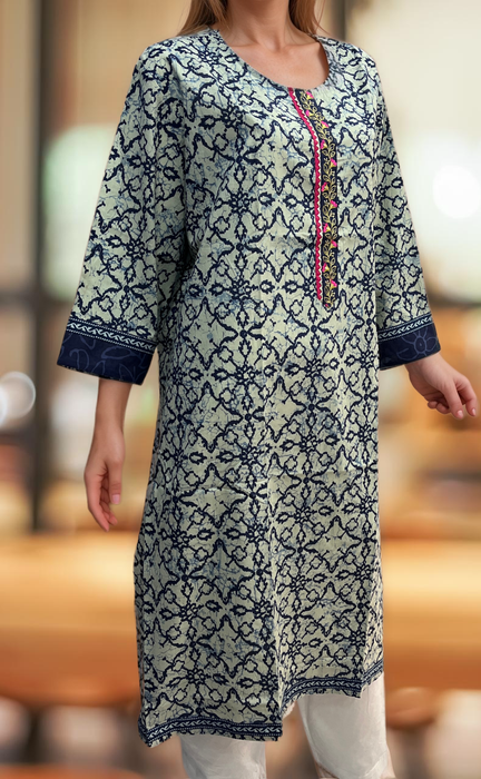 Navy Blue Abstract Jaipuri Cotton Kurti. Pure Versatile Cotton. | Laces and Frills