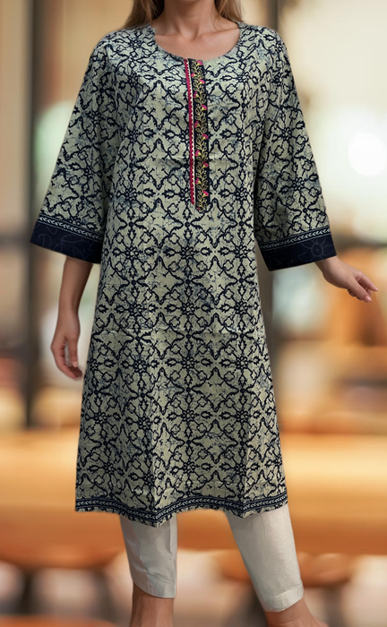 Navy Blue Abstract Jaipuri Cotton Kurti. Pure Versatile Cotton. | Laces and Frills