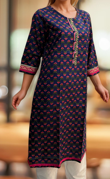 Blue/Pink Flora Jaipuri Cotton Kurti. Pure Versatile Cotton. | Laces and Frills