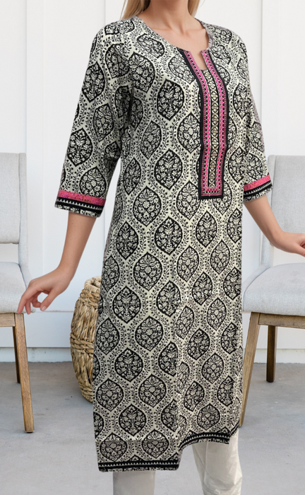 White/Black Ajrakh Print Jaipuri Cotton Kurti. Pure Versatile Cotton. | Laces and Frills