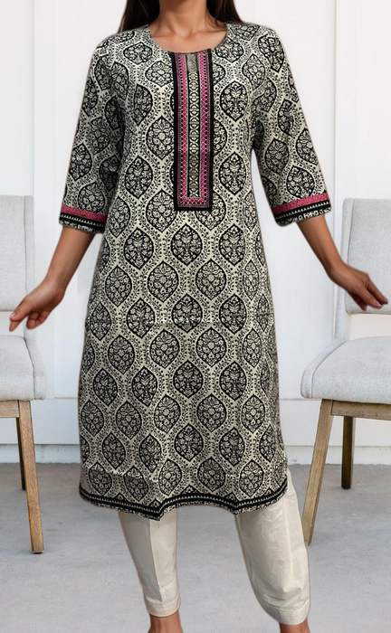 White/Black Ajrakh Print Jaipuri Cotton Kurti. Pure Versatile Cotton. | Laces and Frills