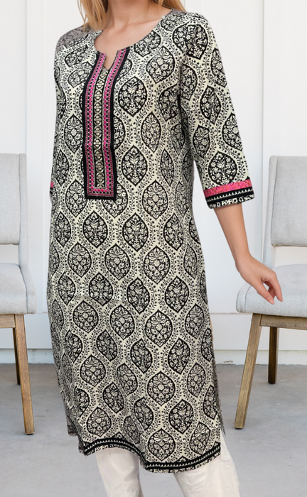 White/Black Ajrakh Print Jaipuri Cotton Kurti. Pure Versatile Cotton. | Laces and Frills