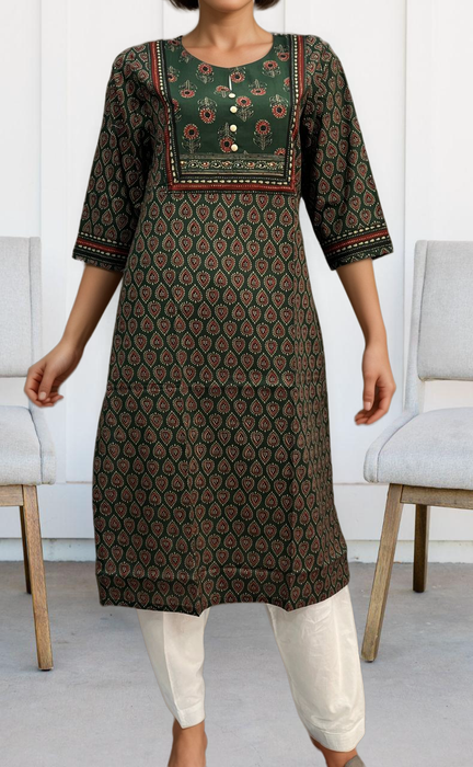 Bottle Green Floral Jaipuri Cotton Kurti. Pure Versatile Cotton. | Laces and Frills