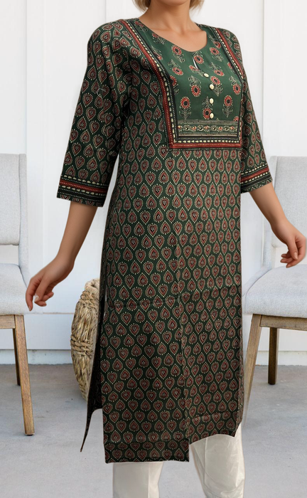 Bottle Green Floral Jaipuri Cotton Kurti. Pure Versatile Cotton. | Laces and Frills