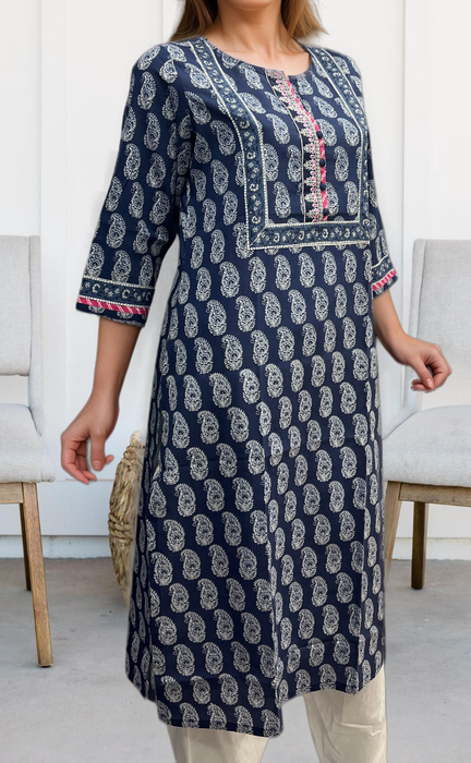 Navy Blue Manga Motif Jaipuri Cotton Kurti. Pure Versatile Cotton. | Laces and Frills