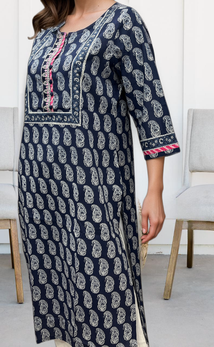 Navy Blue Manga Motif Jaipuri Cotton Kurti. Pure Versatile Cotton. | Laces and Frills