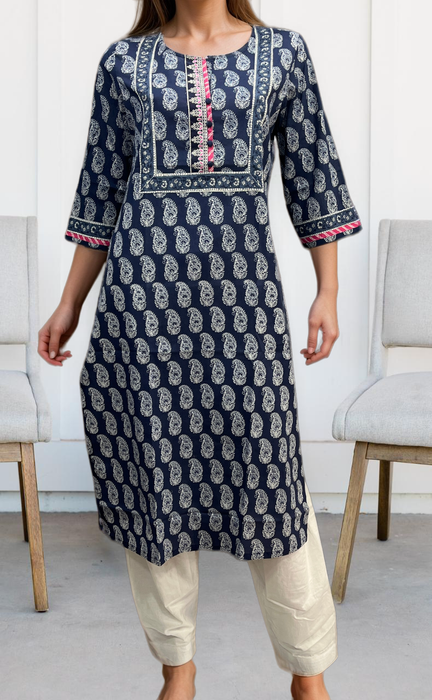 Navy Blue Manga Motif Jaipuri Cotton Kurti. Pure Versatile Cotton. | Laces and Frills