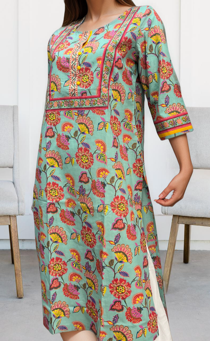 Sea Green Garden Jaipuri Cotton Kurti. Pure Versatile Cotton. | Laces and Frills