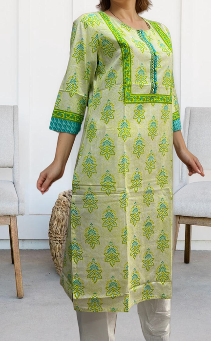 Off White/Green Floral Jaipuri Cotton Kurti. Pure Versatile Cotton. | Laces and Frills