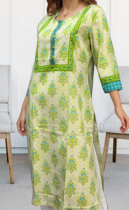 Off White/Green Floral Jaipuri Cotton Kurti. Pure Versatile Cotton. | Laces and Frills