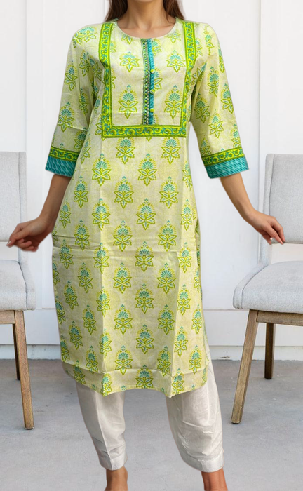 Off White/Green Floral Jaipuri Cotton Kurti. Pure Versatile Cotton. | Laces and Frills