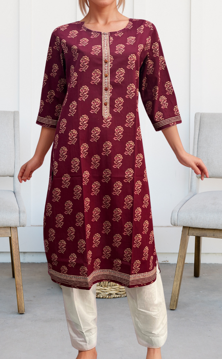 Beetroot Pink Floral Jaipuri Cotton Kurti. Pure Versatile Cotton. | Laces and Frills