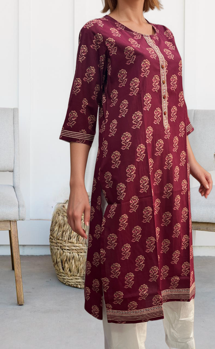 Beetroot Pink Floral Jaipuri Cotton Kurti. Pure Versatile Cotton. | Laces and Frills