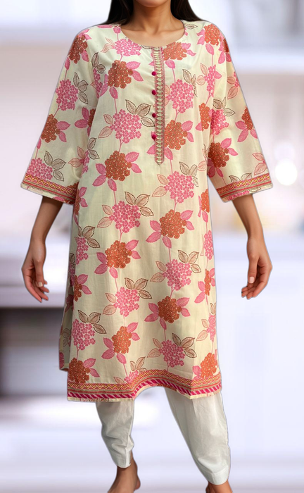 Off White/Pink Floral Jaipuri Cotton Kurti. Pure Versatile Cotton. | Laces and Frills