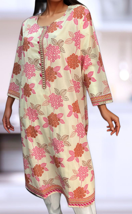 Off White/Pink Floral Jaipuri Cotton Kurti. Pure Versatile Cotton. | Laces and Frills