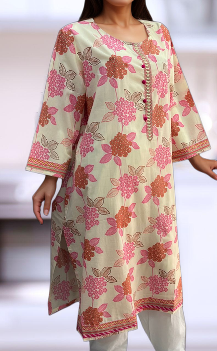 Off White/Pink Floral Jaipuri Cotton Kurti. Pure Versatile Cotton. | Laces and Frills