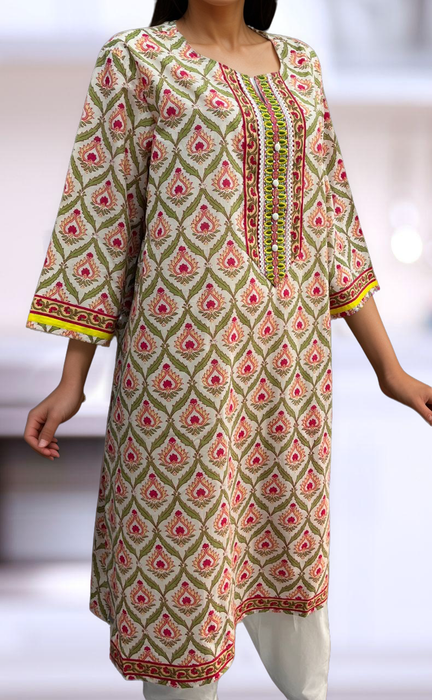 White/Green/Pink Floral Jaipuri Cotton Kurti. Pure Versatile Cotton. | Laces and Frills