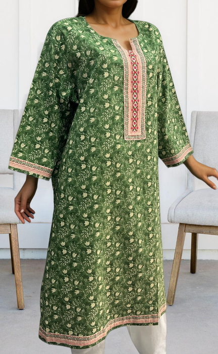 Green Floral Jaipuri Cotton Kurti. Pure Versatile Cotton. | Laces and Frills