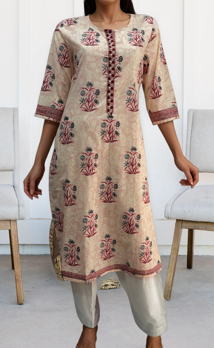 Light Pink/Maroon Floral Jaipuri Cotton Kurti. Pure Versatile Cotton. | Laces and Frills