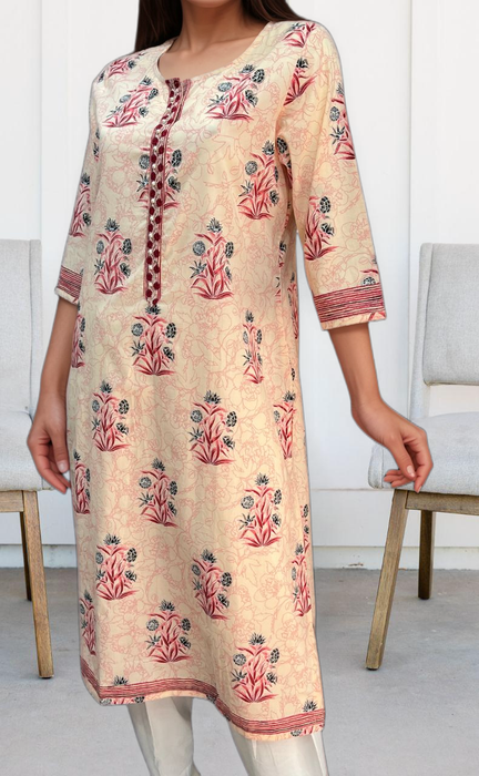 Light Pink/Maroon Floral Jaipuri Cotton Kurti. Pure Versatile Cotton. | Laces and Frills