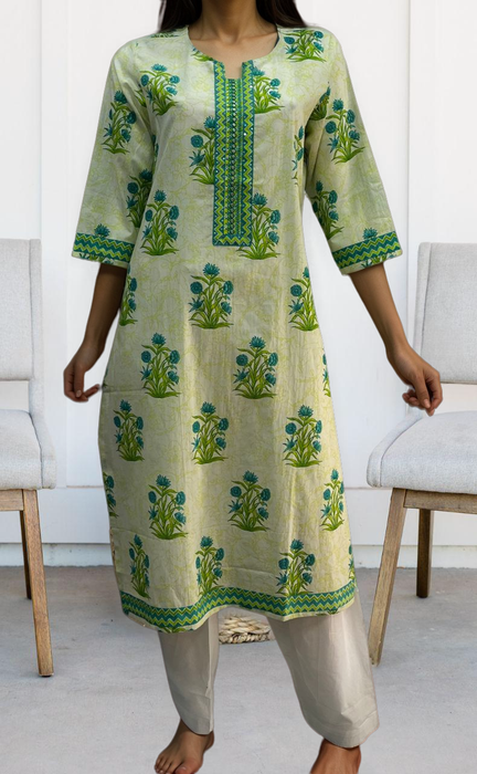 Off White/Green Floral Jaipuri Cotton Kurti. Pure Versatile Cotton. | Laces and Frills