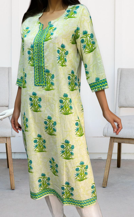 Off White/Green Floral Jaipuri Cotton Kurti. Pure Versatile Cotton. | Laces and Frills