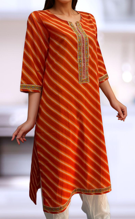 Orange Lehariya Jaipuri Cotton Kurti. Pure Versatile Cotton. | Laces and Frills