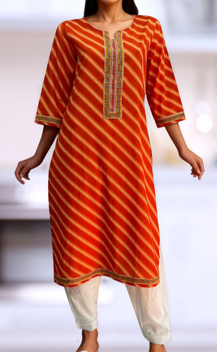 Orange Lehariya Jaipuri Cotton Kurti. Pure Versatile Cotton. | Laces and Frills