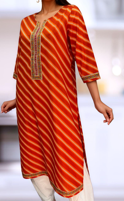 Orange Lehariya Jaipuri Cotton Kurti. Pure Versatile Cotton. | Laces and Frills