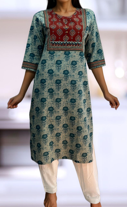 Maroon/Blue Ajrakh Print Jaipuri Cotton Kurti. Pure Versatile Cotton. | Laces and Frills