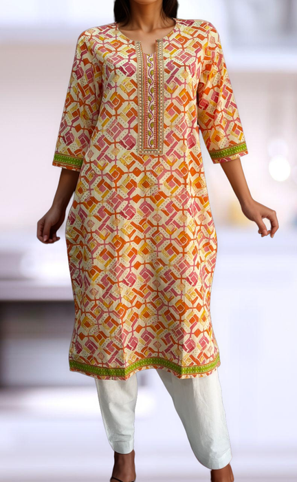 Off White/Orange Abstract Jaipuri Cotton Kurti. Pure Versatile Cotton. | Laces and Frills