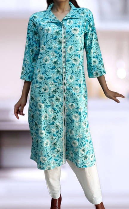 Sky Blue Garden Jaipuri Cotton Kurti. Pure Versatile Cotton. | Laces and Frills