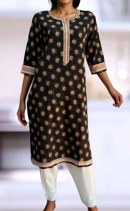 Black Floral Jaipuri Cotton Kurti. Pure Versatile Cotton. | Laces and Frills