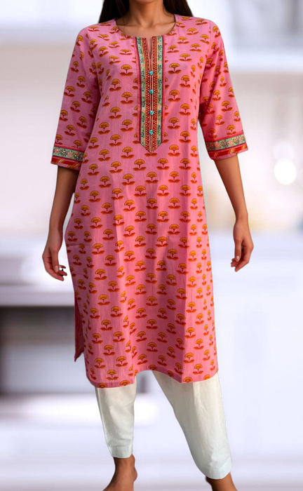 Pink/Yellow Floral Jaipuri Cotton Kurti. Pure Versatile Cotton. | Laces and Frills