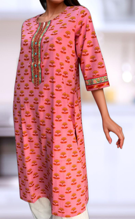 Pink/Yellow Floral Jaipuri Cotton Kurti. Pure Versatile Cotton. | Laces and Frills