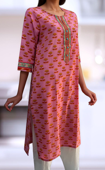 Pink/Yellow Floral Jaipuri Cotton Kurti. Pure Versatile Cotton. | Laces and Frills