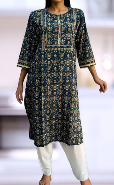 Navy Blue Garden Jaipuri Cotton Kurti. Pure Versatile Cotton. | Laces and Frills