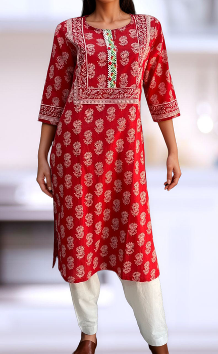 Red Floral Jaipuri Cotton Kurti. Pure Versatile Cotton. | Laces and Frills