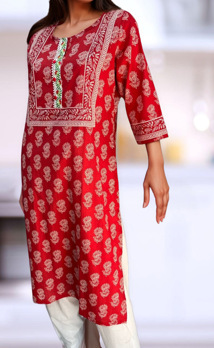 Red Floral Jaipuri Cotton Kurti. Pure Versatile Cotton. | Laces and Frills