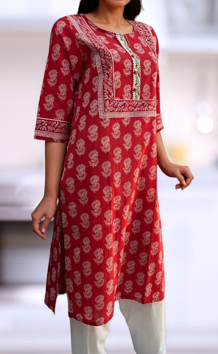 Red Floral Jaipuri Cotton Kurti. Pure Versatile Cotton. | Laces and Frills