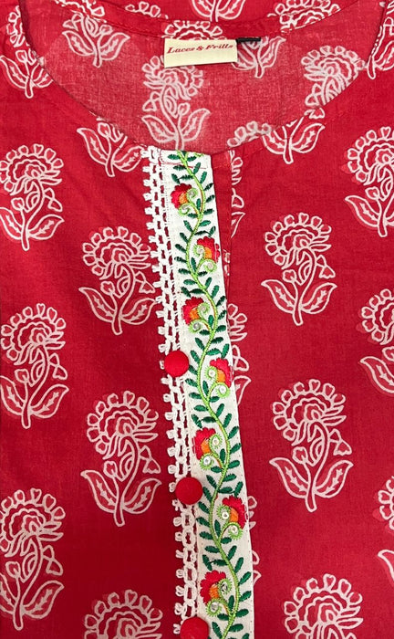 Red Floral Jaipuri Cotton Kurti. Pure Versatile Cotton. | Laces and Frills - Laces and Frills